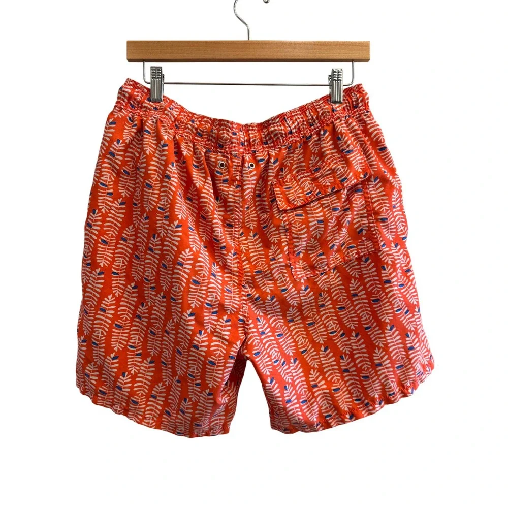 Tom & Teddy Mens Orange Leaf Print Swim Trunks Size Large Elastic Waist Shorts